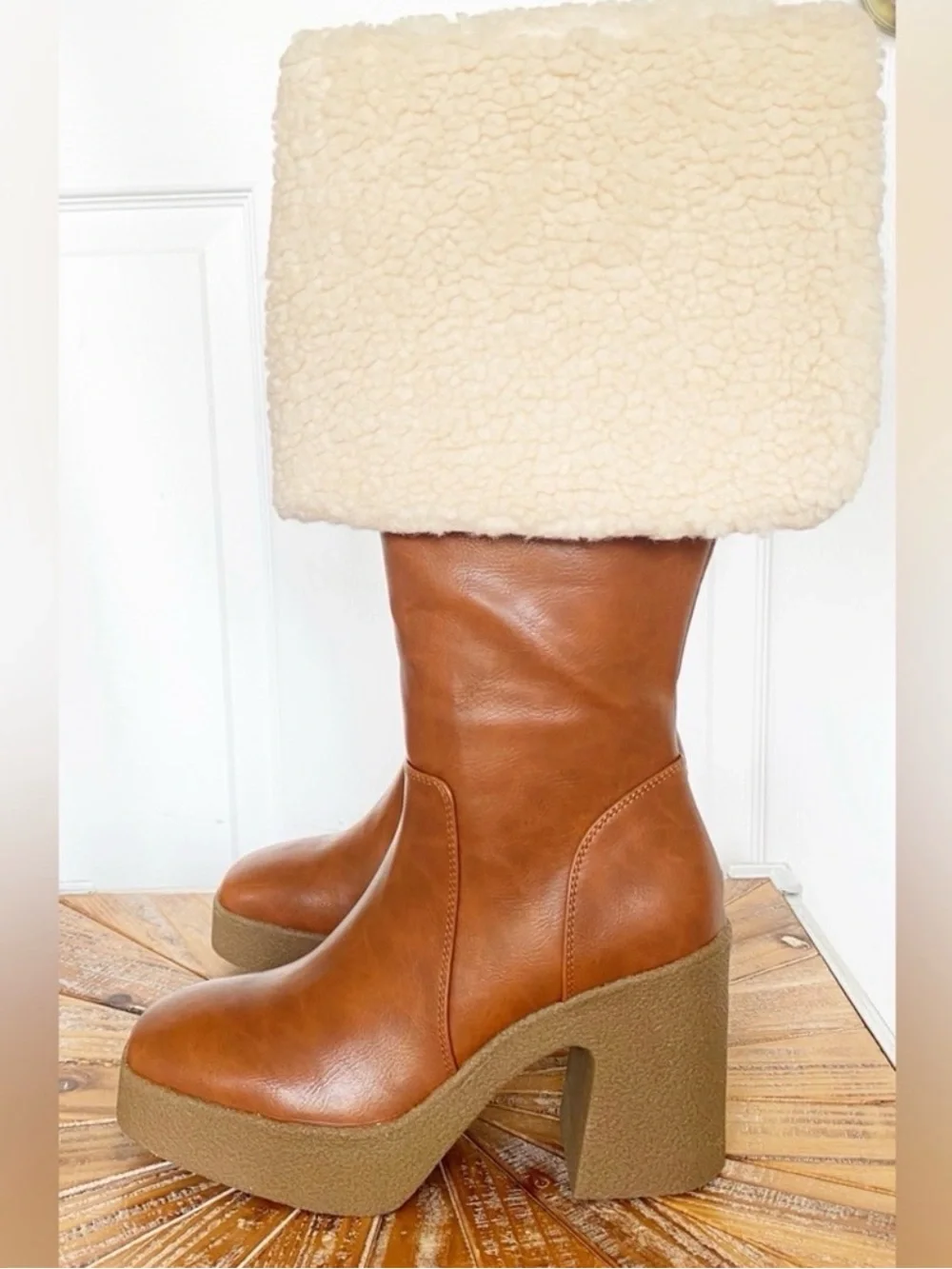 JustFab Cognac Over-the-Knee Faux-Shearling Platform Boots